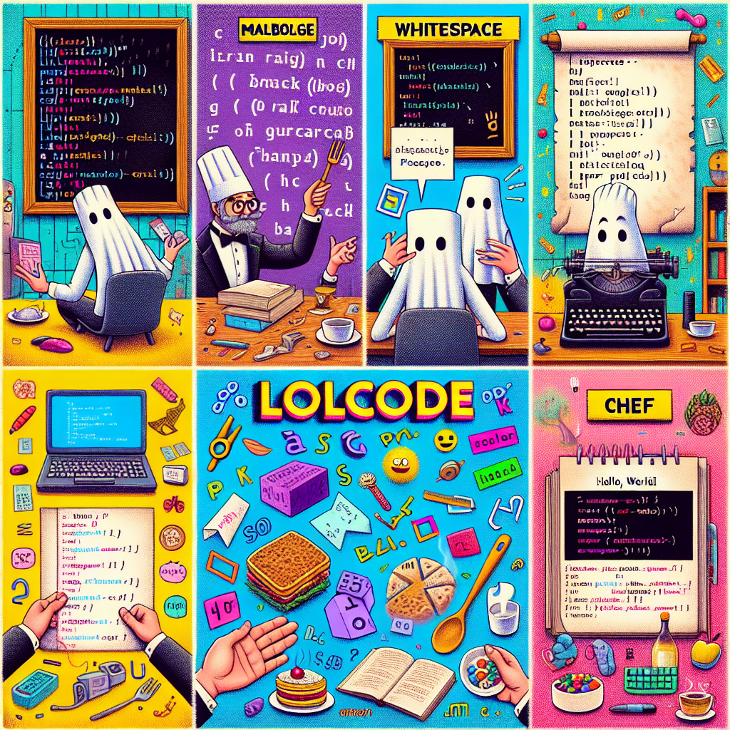 A colorful collage depicting six esoteric programming languages. The first panel shows Malbolge with a bewildering code on a dusty chalkboard in an old computer lab. The second panel represents Whitespace with blank papers floating in the air, marked with invisible ink. The third panel illustrates Brainfk with punctuation marks scattered across a page from an old typewriter. The fourth panel features INTERCAL displayed on a retro computer screen with ambiguous statements and the word 'PLEASE'. The fifth panel represents LOLCODE with playful, meme-style doodles on a modern laptop screen. The final panel depicts Chef as a cookbook opened to a 'recipe', showcasing various culinary items representing programming commands. Each scene includes the 'Hello, World!' output in the respective languages.